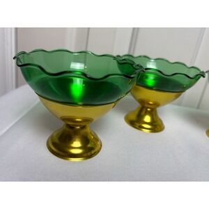 Vintage 4 Colorama Heller Ware Aluminum & Glass Emerald Green /Gold Serving Cups